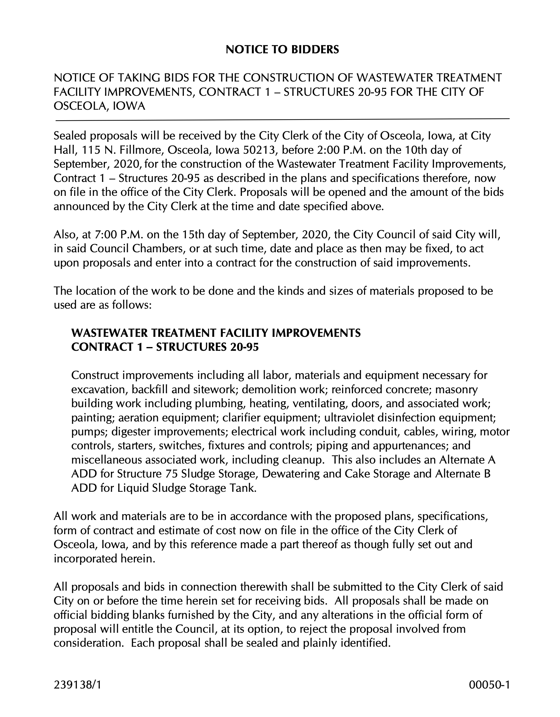 NOTICE OF TAKING BIDS FOR THE CONSTRUCTION OF WASTEWATER TREATMENT