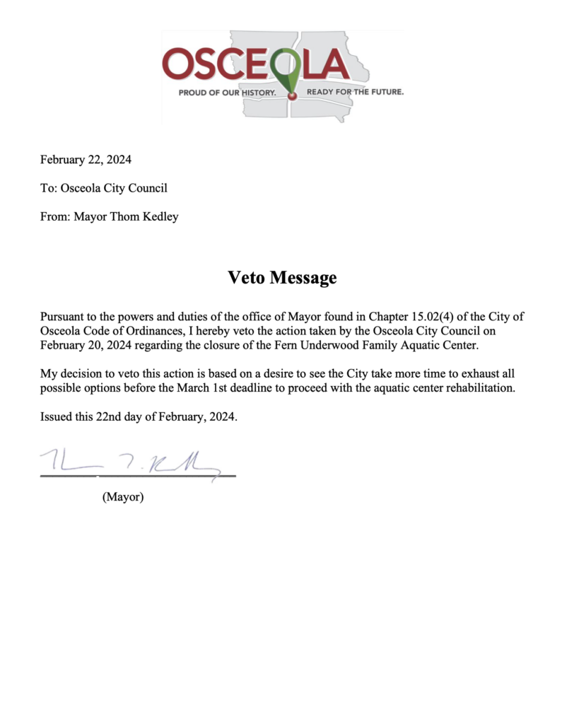 osceola mayor veto for pool closing 